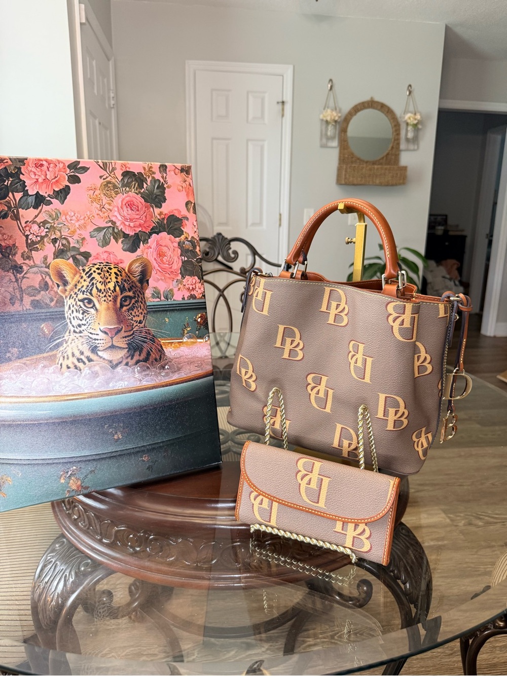 Dooney & Bourke Brown/Tan Monogram Satchel with Matching Wallet